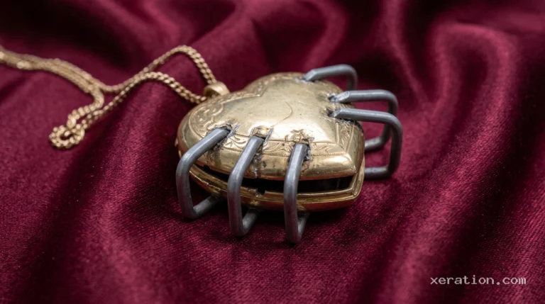 An antique gold heart locket clamped shut with thick grey metal staples, resting on dark crimson velvet.