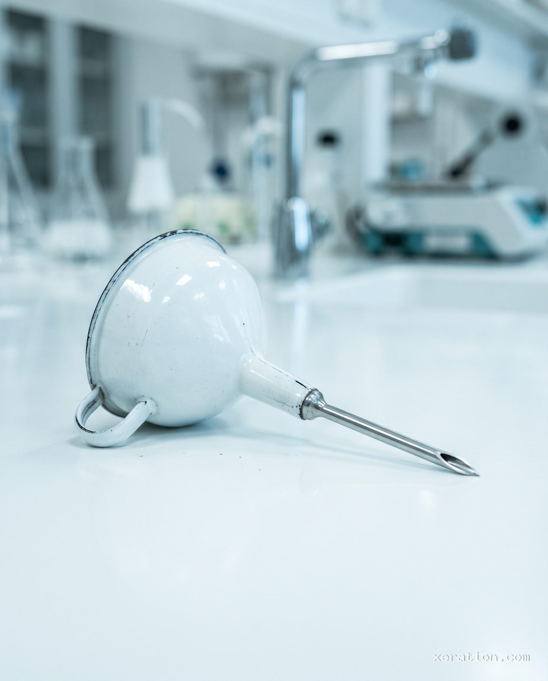 White enamel kitchen funnel with its spout extending into a sharp steel puncture needle on a sterile white lab bench.