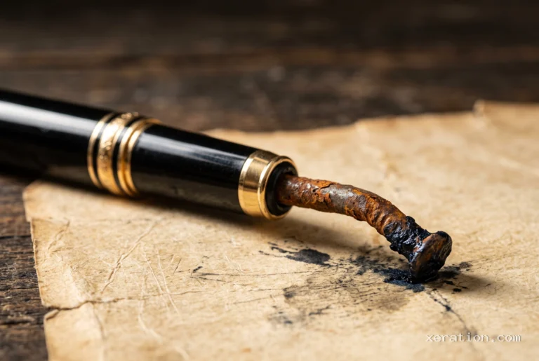 Black fountain pen fitted with a bent, rusty nail instead of a nib, tearing parchment on a dark wood desk.