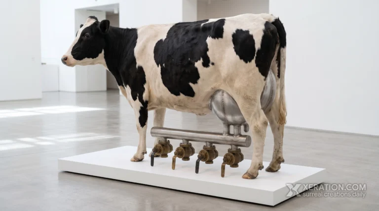 A Holstein cow on a white plinth, with its udder replaced by a stainless steel pipe manifold and brass valves.