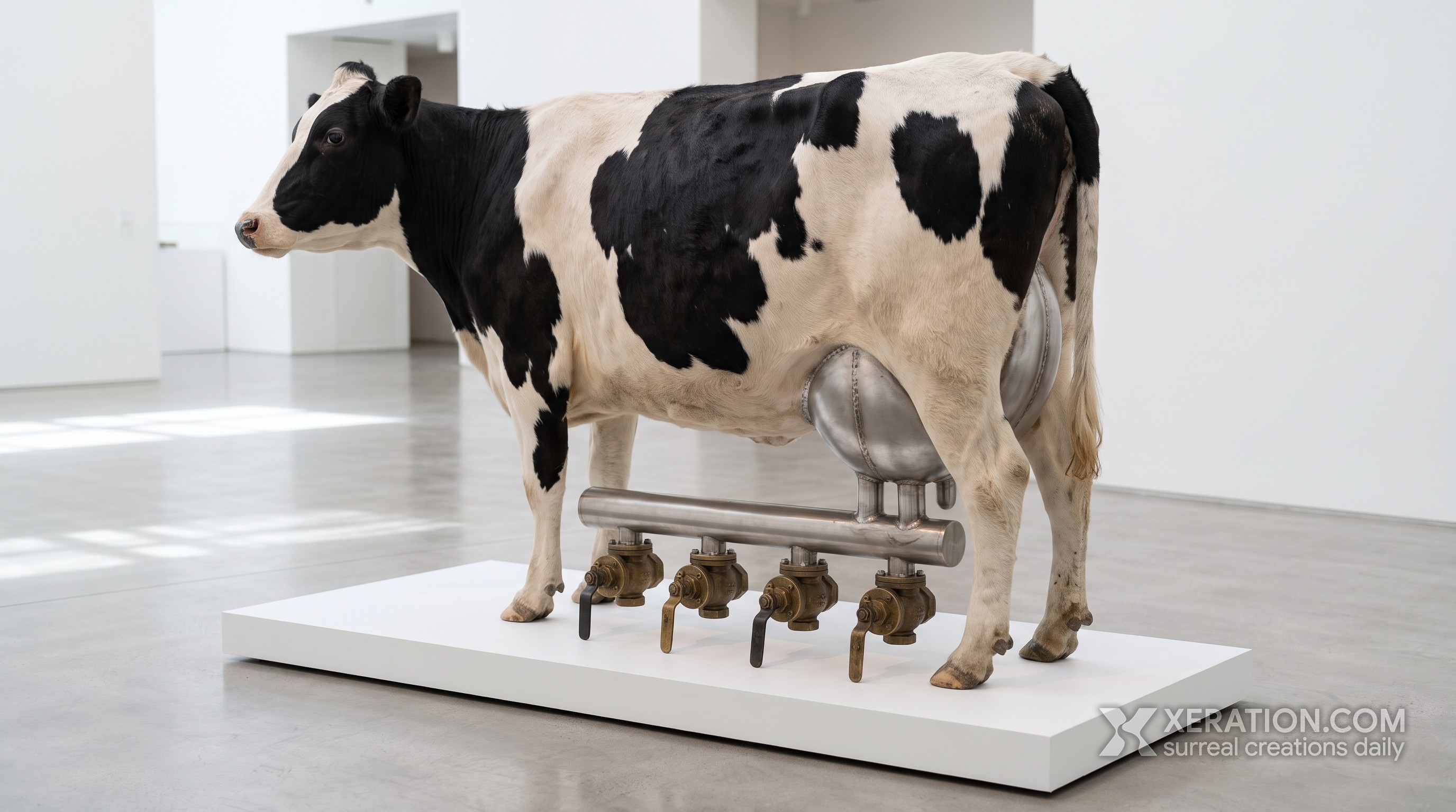 A Holstein cow on a white plinth, with its udder replaced by a stainless steel pipe manifold and brass valves.