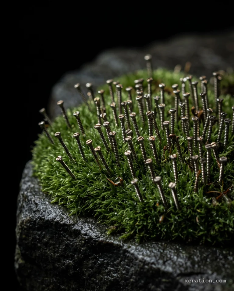 Green moss on dark basalt sprouting sharp steel wood screws with water droplets on metallic threads.