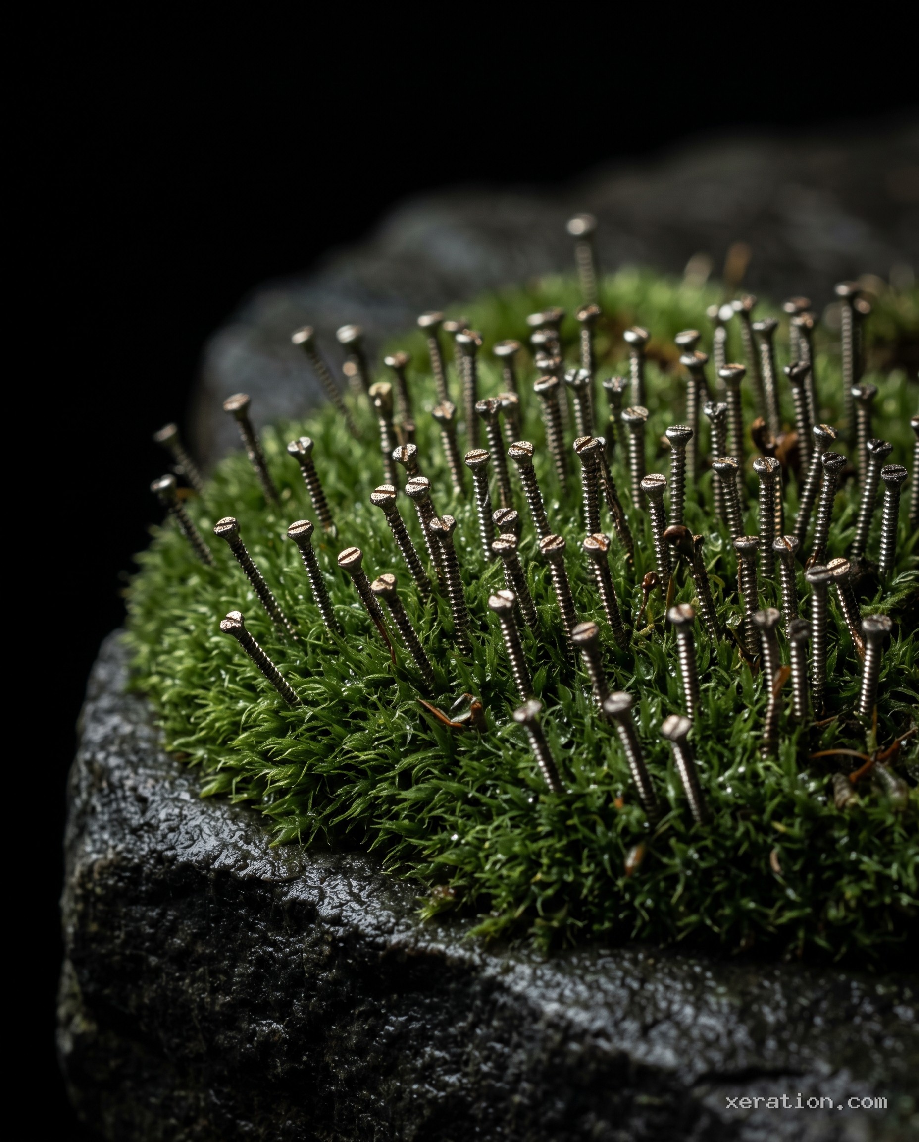 Green moss on dark basalt sprouting sharp steel wood screws with water droplets on metallic threads.