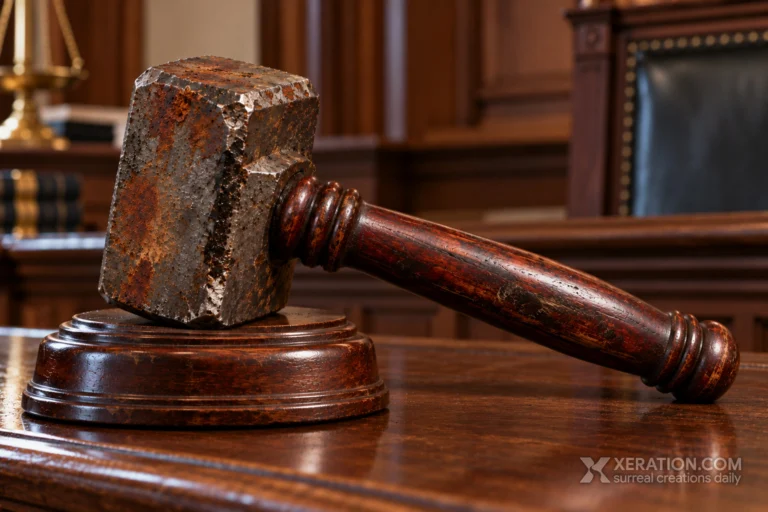 A gavel with a dark wooden handle and a rusted iron sledgehammer head rests on a wood sound block in a courtroom.