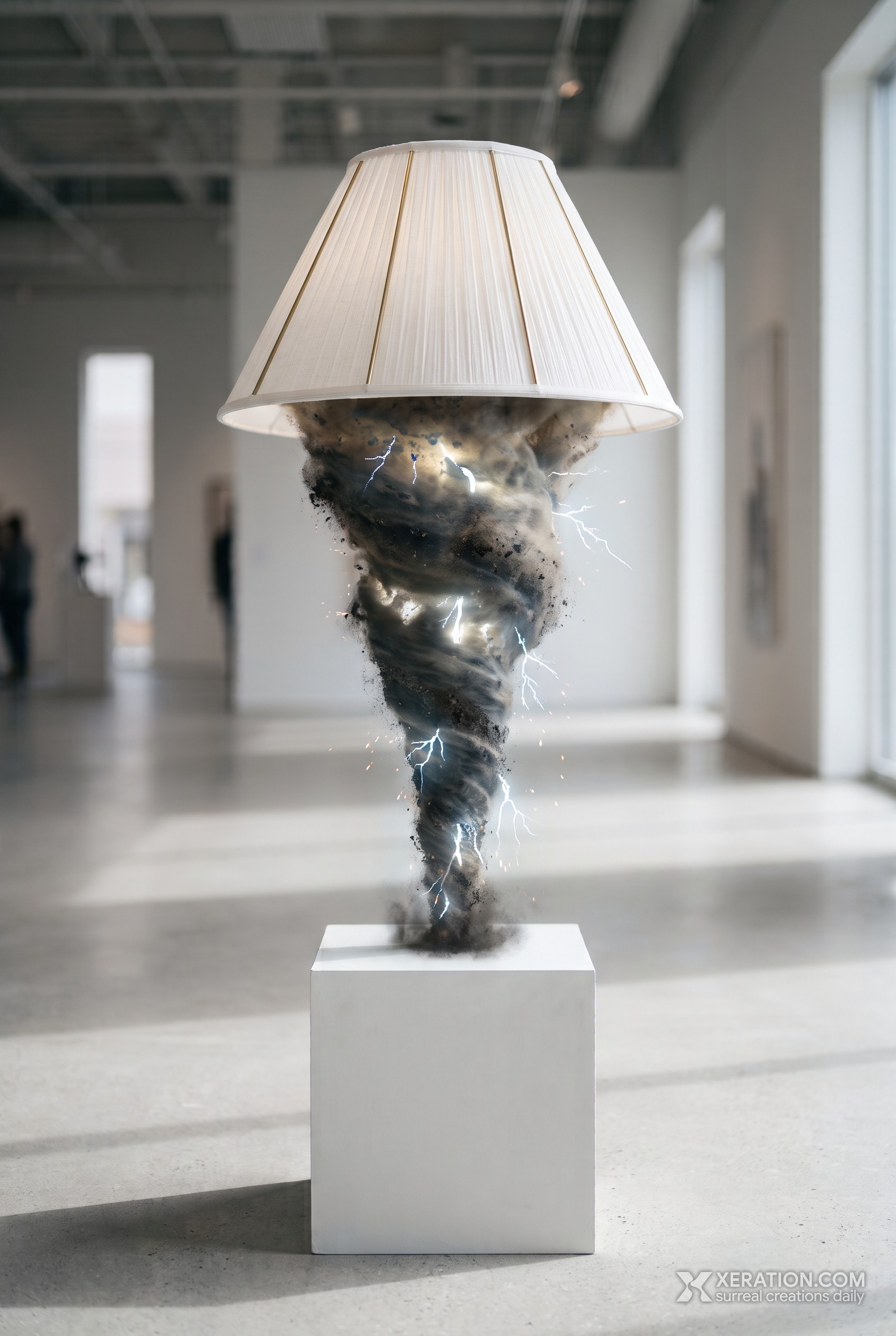 A dark miniature tornado with lightning serves as a lamp base beneath a pleated cream lampshade in a white gallery.