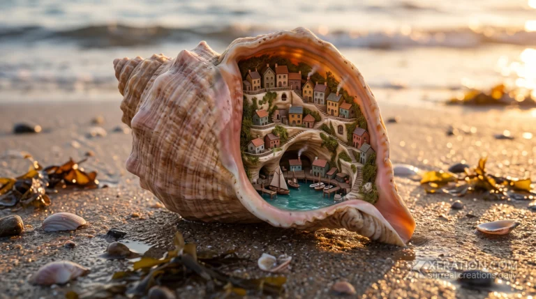 A large conch shell on wet sand containing a miniature fishing village with tiny houses, boats, and glowing warm lights.