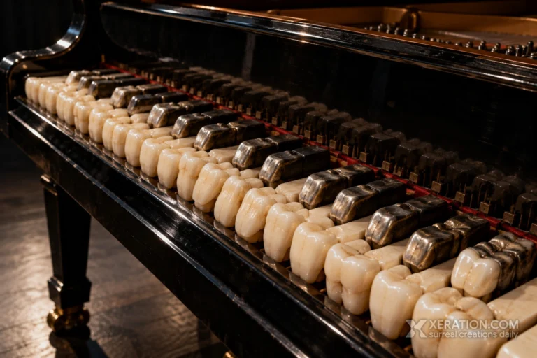 A glossy black grand piano keyboard where keys are replaced by ivory human molars and tarnished metal dental crowns.