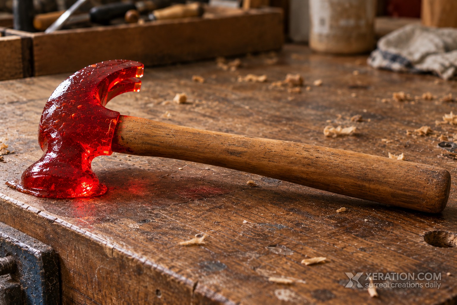 A claw hammer with a wooden handle and a translucent red gummy candy head resting on a weathered workbench.