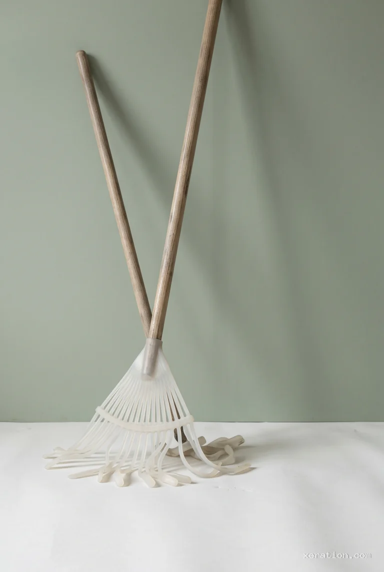 A garden rake leaning against a pale wall, its fan tines replaced by limp translucent silicone strips resting on the floor.