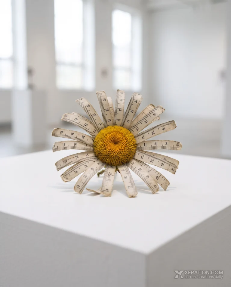 A daisy with numbered segments of a tailor tape measure instead of petals, resting on a white gallery plinth.