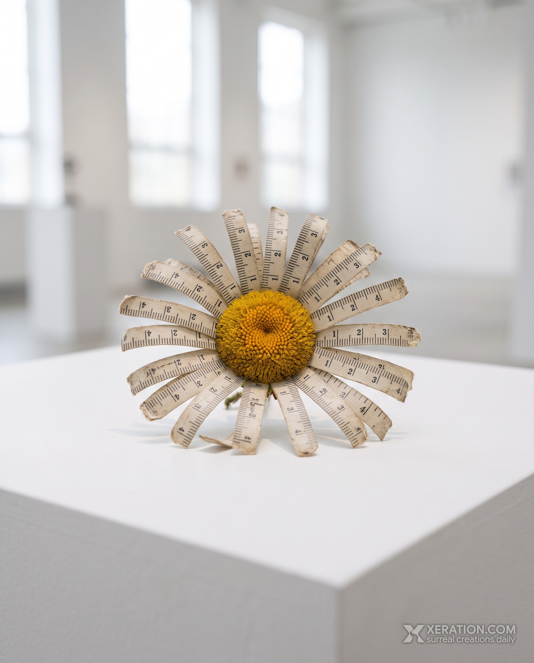 A daisy with numbered segments of a tailor tape measure instead of petals, resting on a white gallery plinth.