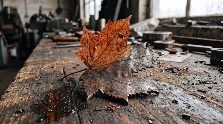 A dried maple leaf merging into a cut steel plate of identical shape on a wooden workbench with metal shavings.
