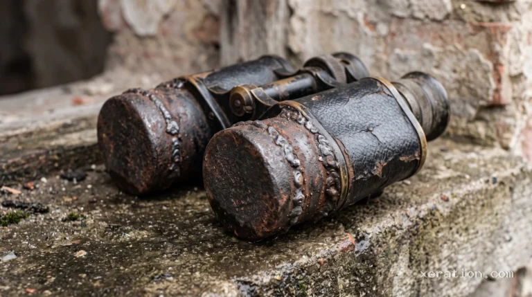 Worn leather binoculars on concrete, their front glass lenses replaced by welded, rusted cast-iron pipe caps.