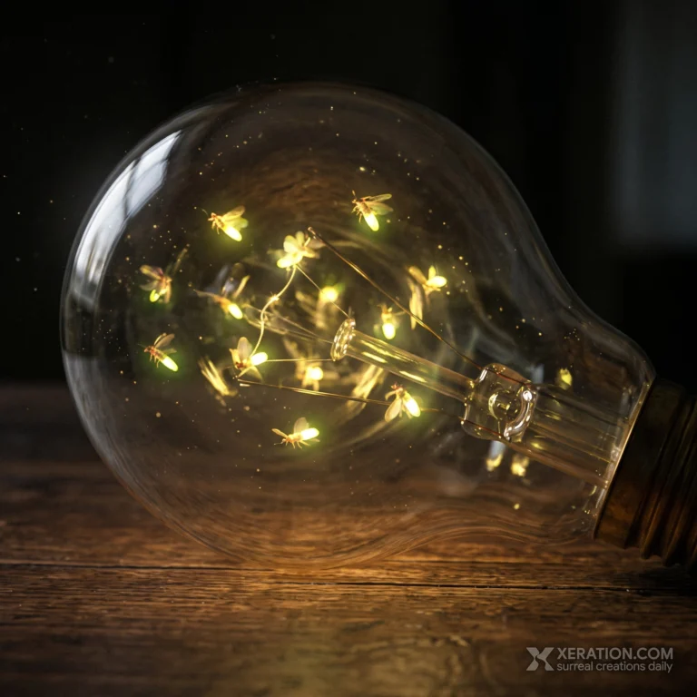 A clear glass light bulb resting on a dark wood table, glowing from the inside with small bioluminescent fireflies.