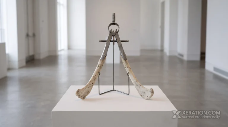 Steel caliper mechanism transforming into two weathered animal bones on a stand over a white pedestal in a gallery.