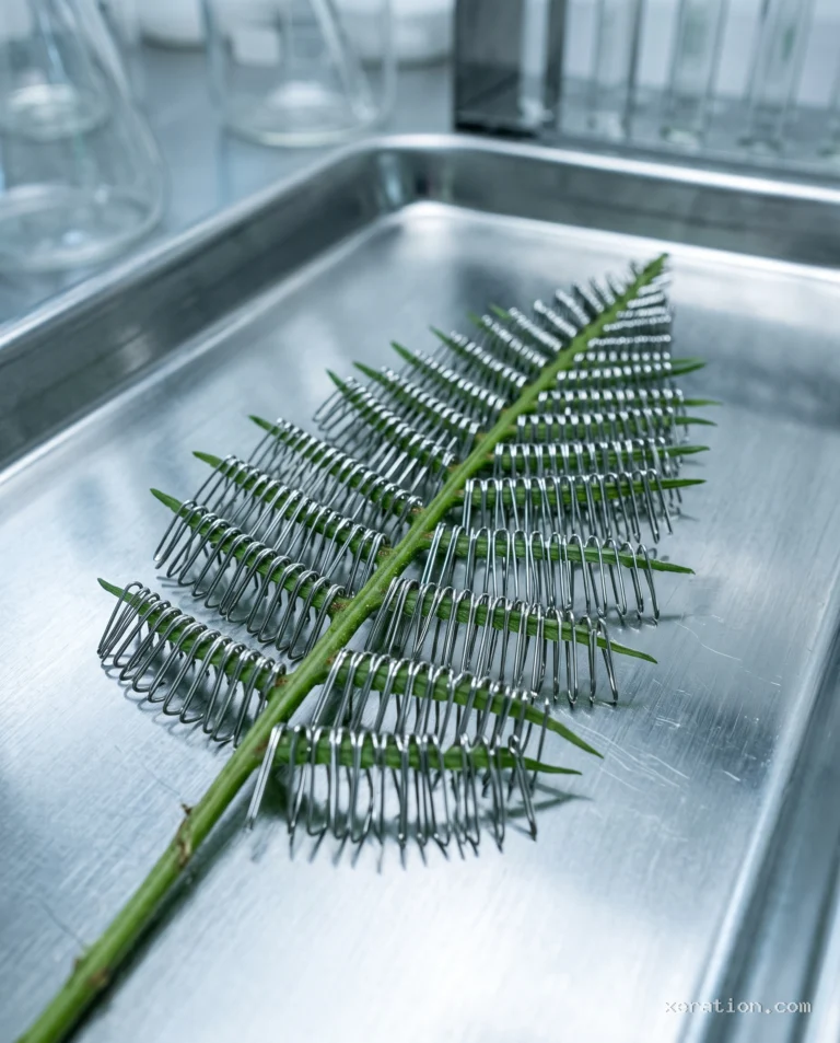 Fern stem with crimped steel staples instead of leaflets, resting on a stainless steel tray under cool laboratory lighting.