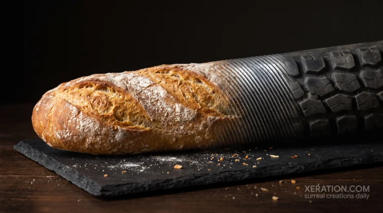 Golden French baguette whose crust cuts become sharp steel file ridges, resting on a dark slate board.