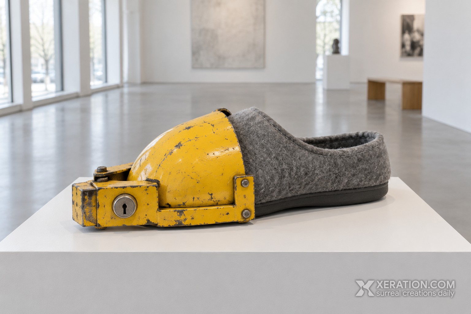 A grey felt slipper secured with a heavy yellow steel wheel clamp, displayed on a white plinth in an art gallery.