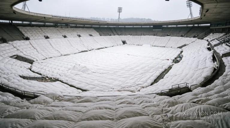 A concrete stadium with its playing field and lower tiers draped under a massive white quilted down duvet under a grey sky.
