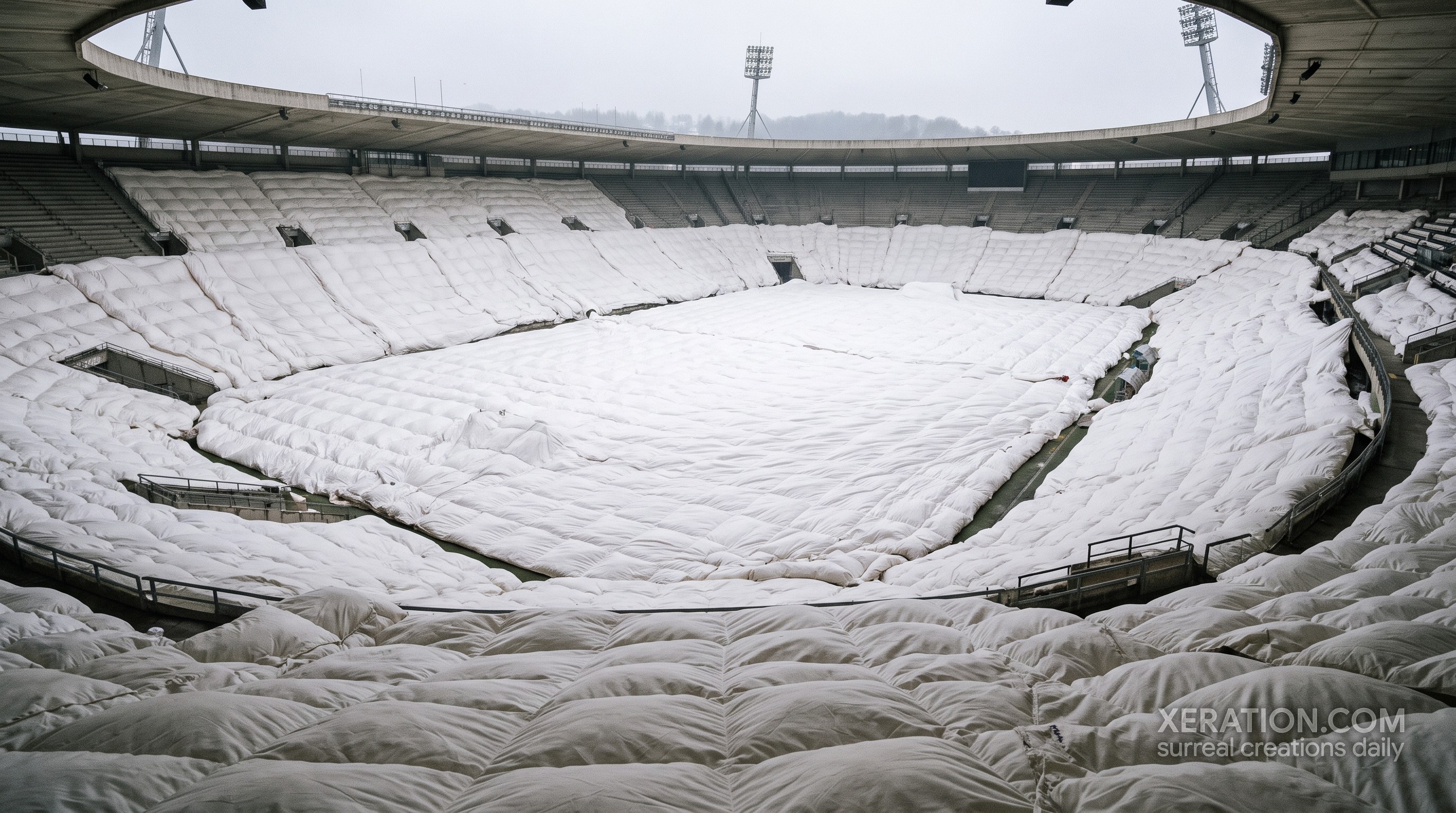 A concrete stadium with its playing field and lower tiers draped under a massive white quilted down duvet under a grey sky.