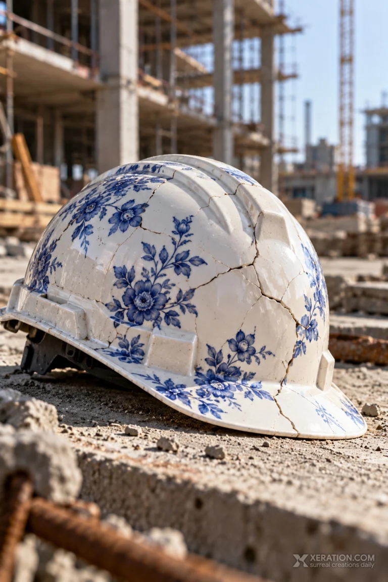 A cracked white porcelain hard hat with blue floral patterns rests on dusty gray concrete at a construction site.
