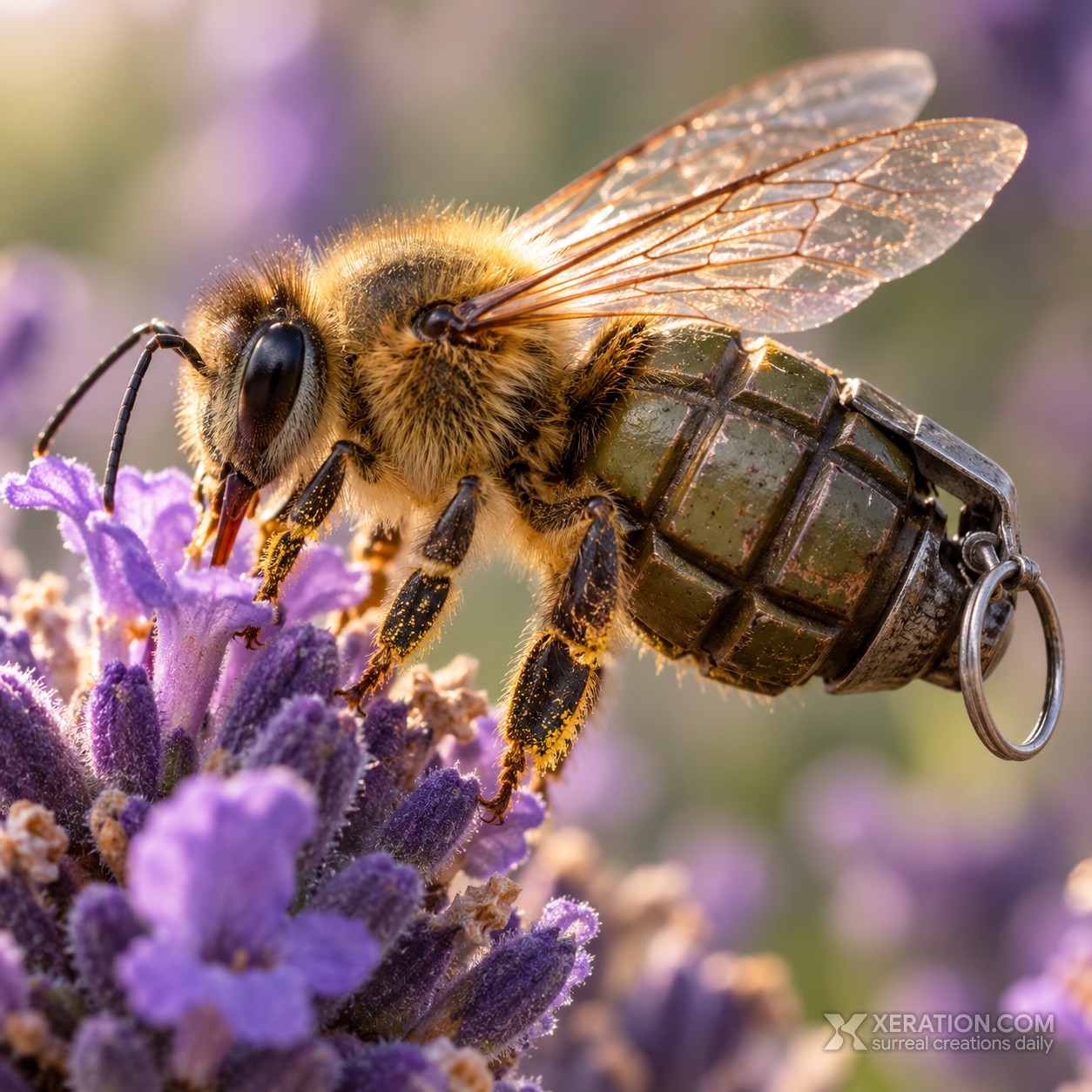 A honeybee on purple lavender with an olive-green metal fragmentation grenade replacing its abdomen, in soft sunlight.