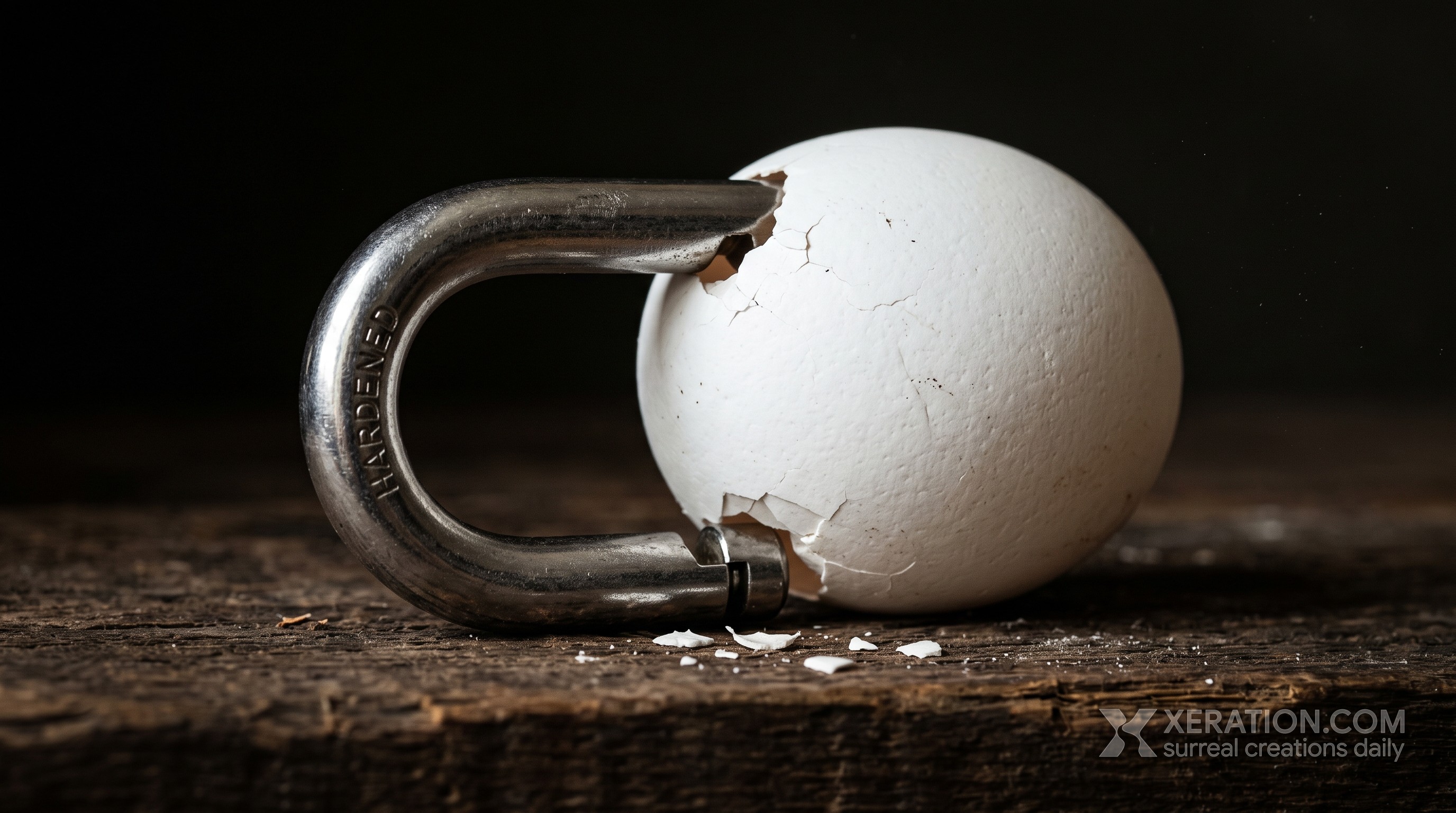 A curved steel padlock shackle embedded in a cracked white eggshell, resting on dark rustic wood against black.