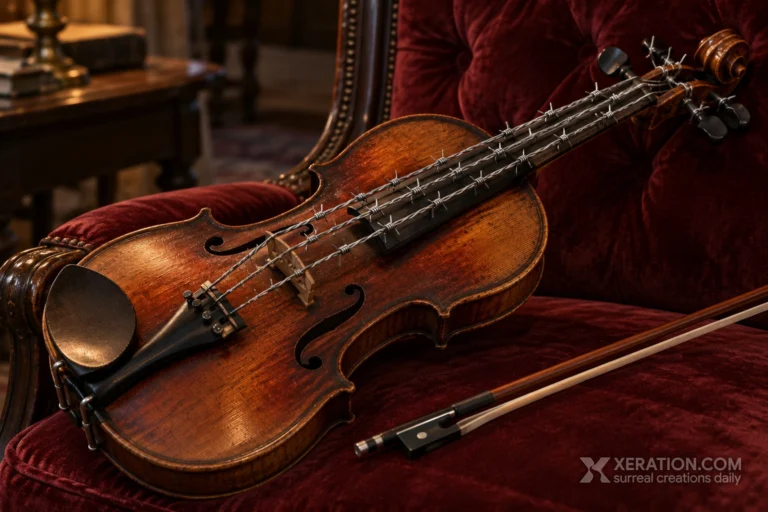 Antique wooden violin strung with sharp barbed wire and a bow on a tufted burgundy velvet armchair in warm indoor light.