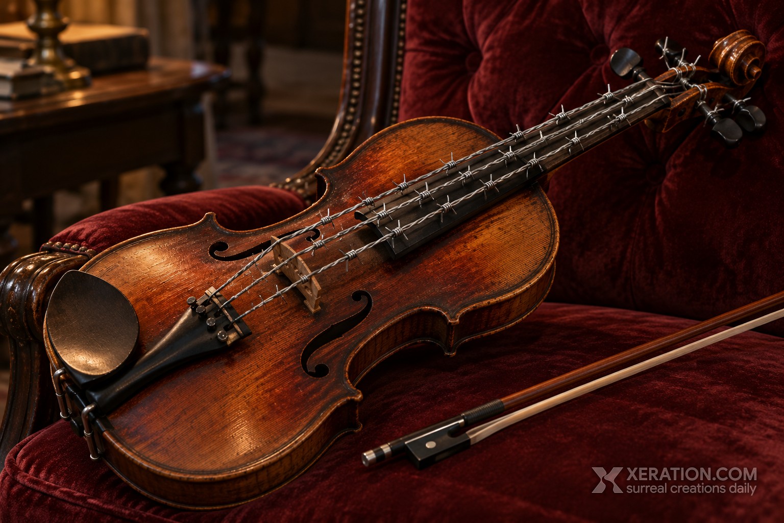 Antique wooden violin strung with sharp barbed wire and a bow on a tufted burgundy velvet armchair in warm indoor light.
