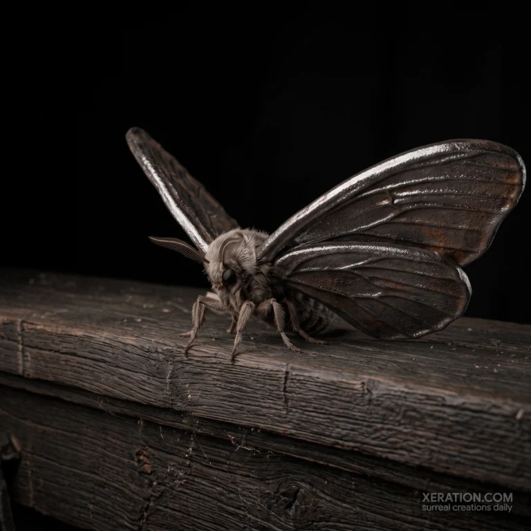 A fuzzy moth with thick, textured cast-iron wings rests on a dark wooden beam against a black background.