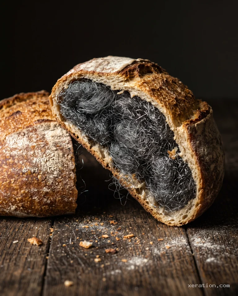 A halved crusty sourdough bread loaf filled with dense grey steel wool instead of crumb, on a dark oak table.