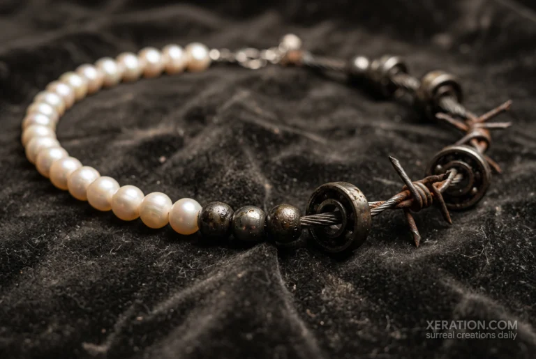 Necklace transitioning from iridescent white pearls to pitted steel ball bearings on dark aged velvet.