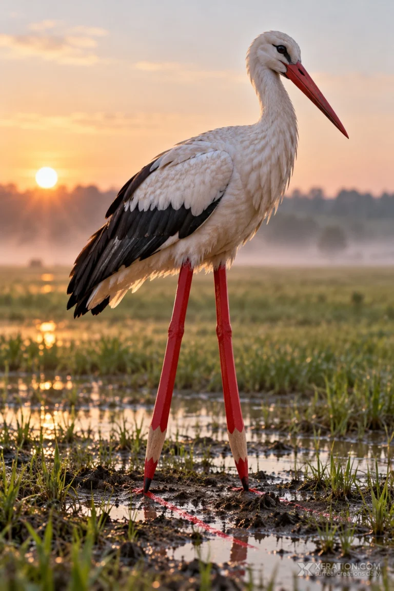 A white stork in a misty wetland with sharpened red colored pencils for legs, leaving red marks in the damp soil.