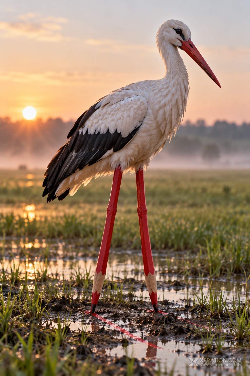 A white stork in a misty wetland with sharpened red colored pencils for legs, leaving red marks in the damp soil.