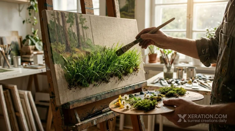 An artist paints real living grass and damp soil onto a linen canvas on an easel, using a palette filled with fresh moss.