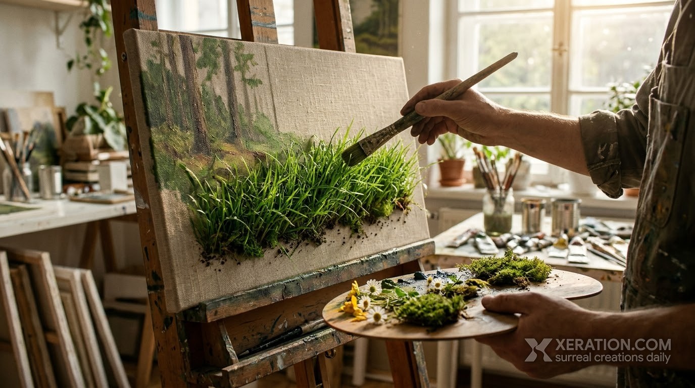 An artist paints real living grass and damp soil onto a linen canvas on an easel, using a palette filled with fresh moss.