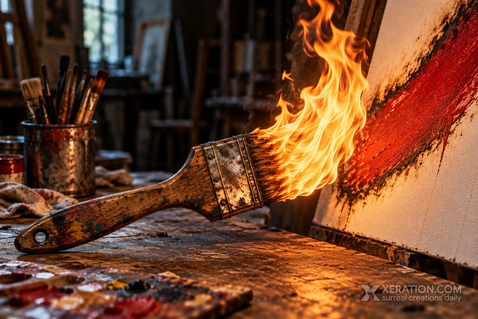 A wooden paintbrush with burning bristles scorches an artist canvas on a paint-splattered rustic studio desk.