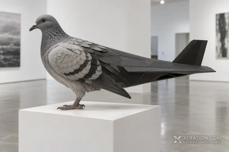 A sculpture of a grey pigeon merging into the angular matte grey tail of a stealth jet on a white pedestal.