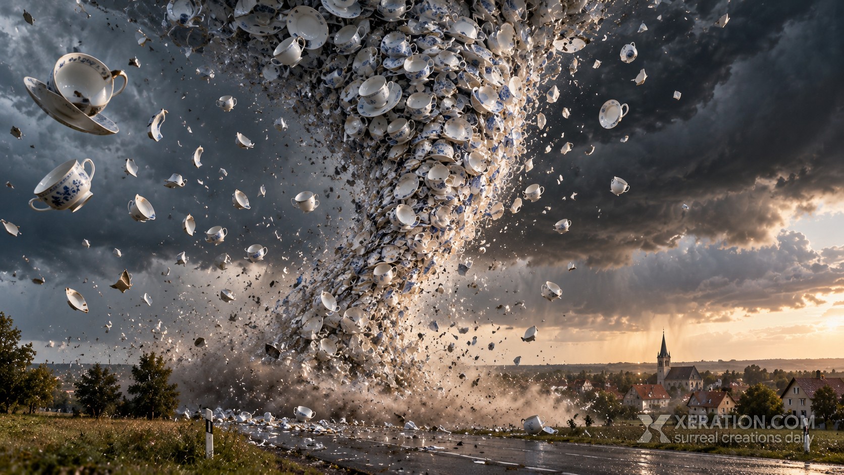 A funnel tornado made of white porcelain cups and saucers touches down on a country road under dark, stormy skies.