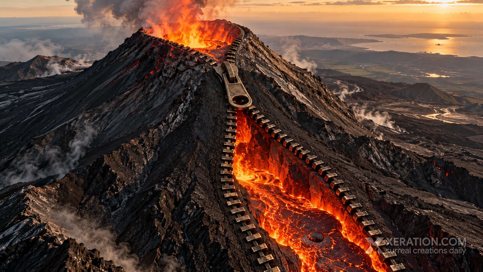 A giant brass zipper unfastening the rocky slope of a dark volcanic mountain, revealing glowing orange molten lava.
