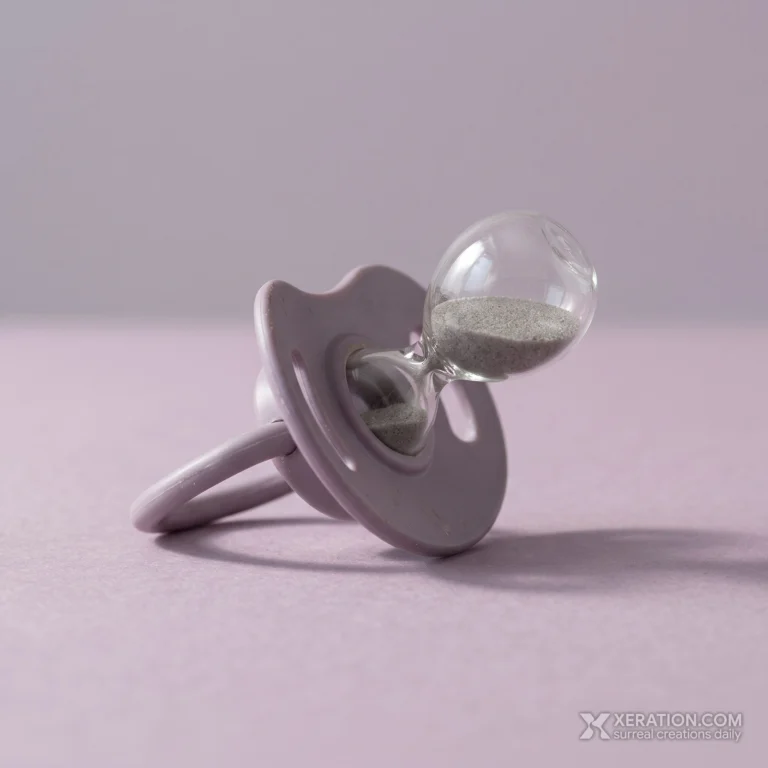 A muted lilac silicone pacifier with a clear miniature glass hourglass containing gray sand in place of the teat.