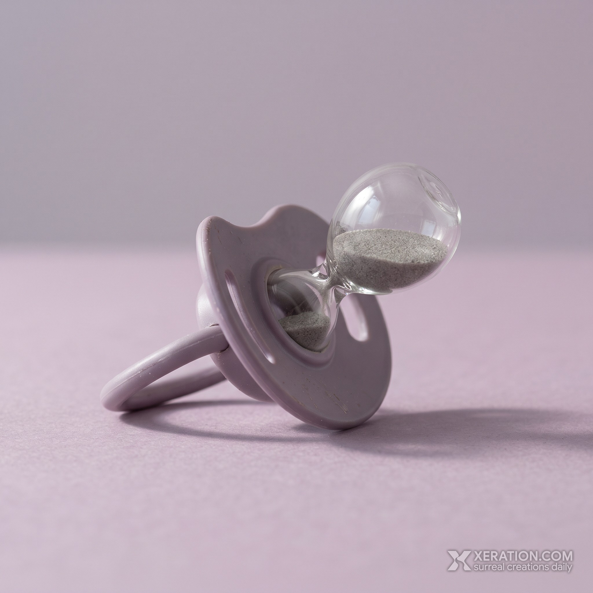 A muted lilac silicone pacifier with a clear miniature glass hourglass containing gray sand in place of the teat.