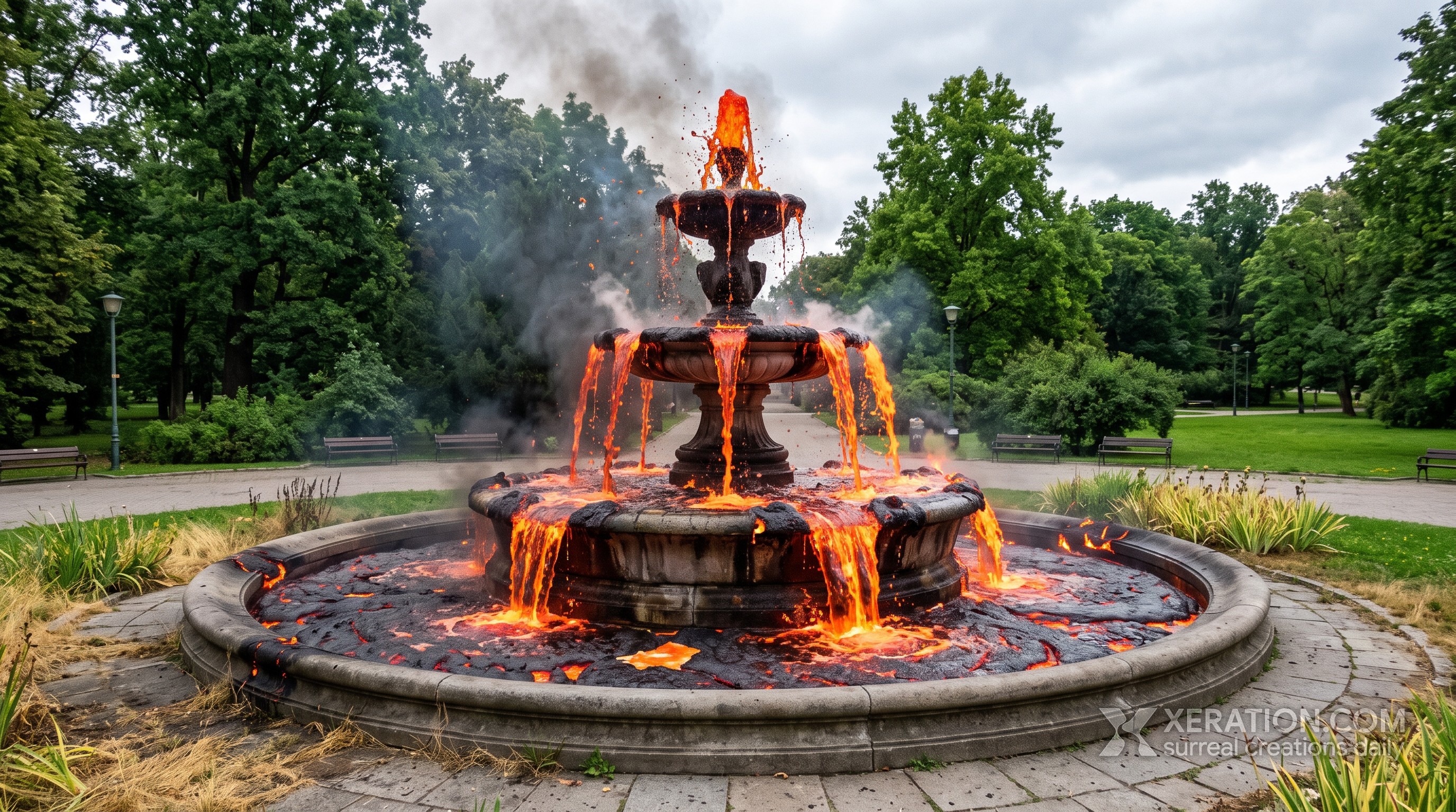 Tiered grey stone fountain in a green park spilling glowing orange molten lava and grey smoke under an overcast sky.
