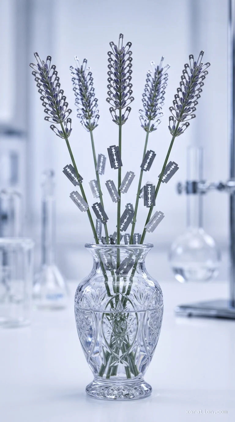A green lavender stem with purple steel safety pins replacing its florets, resting on a white clinical surface.