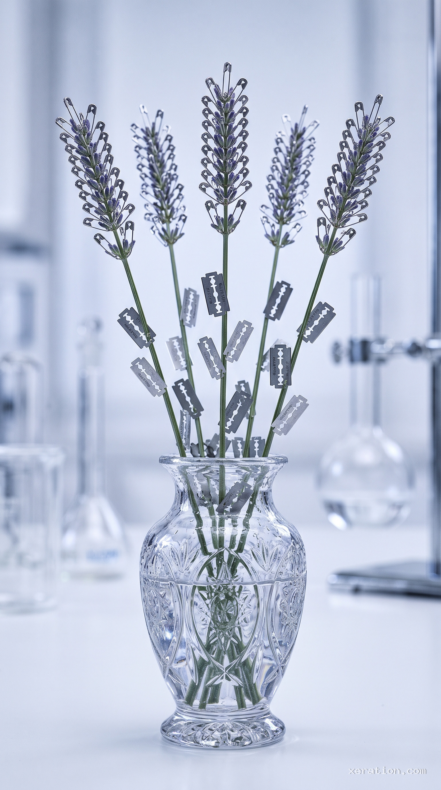 A green lavender stem with purple steel safety pins replacing its florets, resting on a white clinical surface.