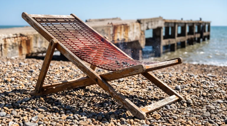 Wooden folding beach lounger fitted with a rusted welded rebar grid sling on a coarse pebble shore.