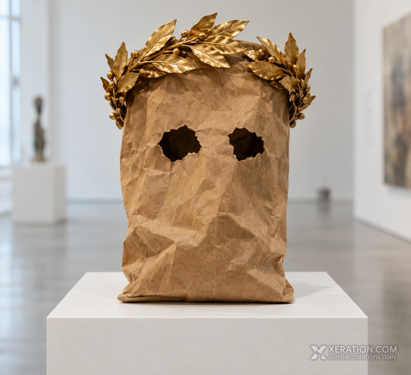 Crumpled brown paper bag with cut-out eyeholes topped with a polished gold laurel wreath on a white pedestal in a gallery.