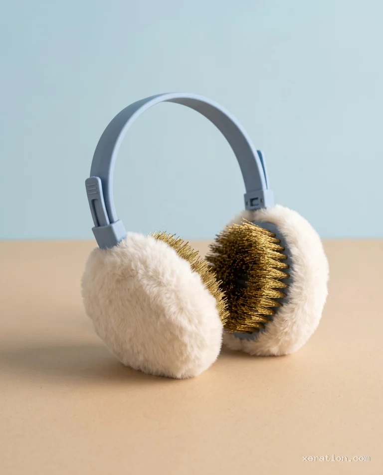Fluffy winter earmuffs with inner cups lined with dense brass wire bristles, on a beige surface.