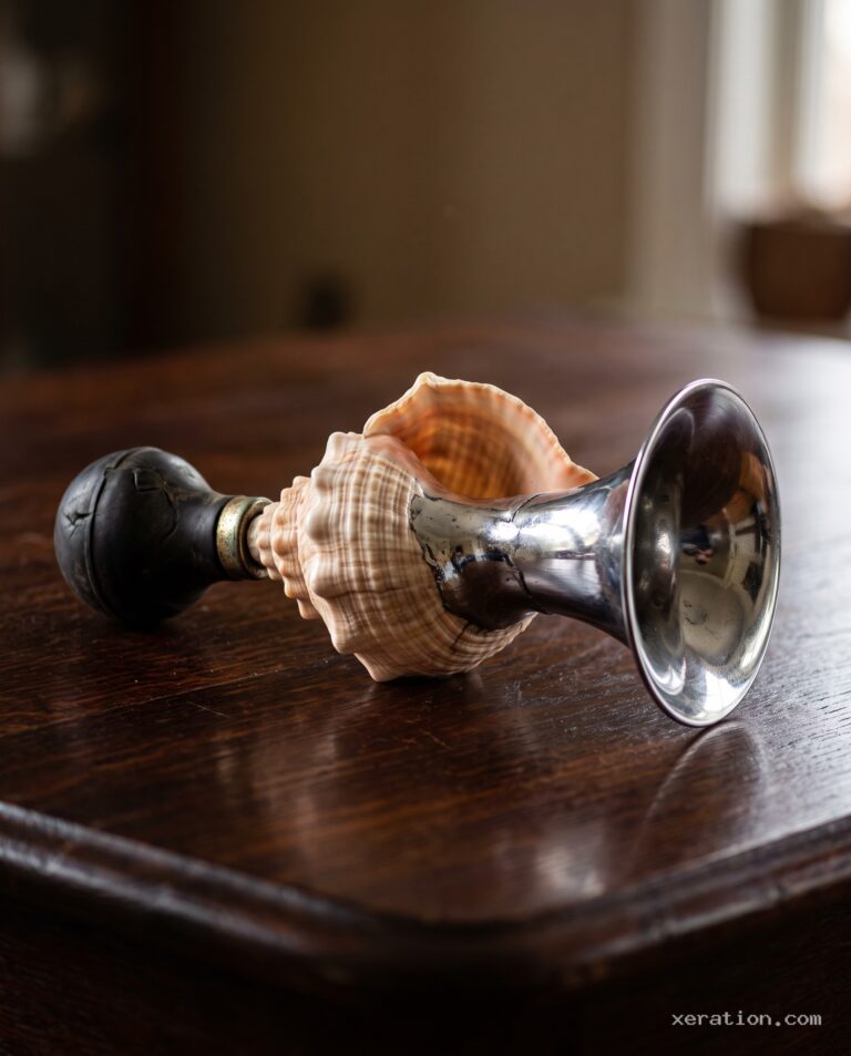 Ribbed conch shell merging into a polished chrome car horn flare on a dark mahogany table under directional light.