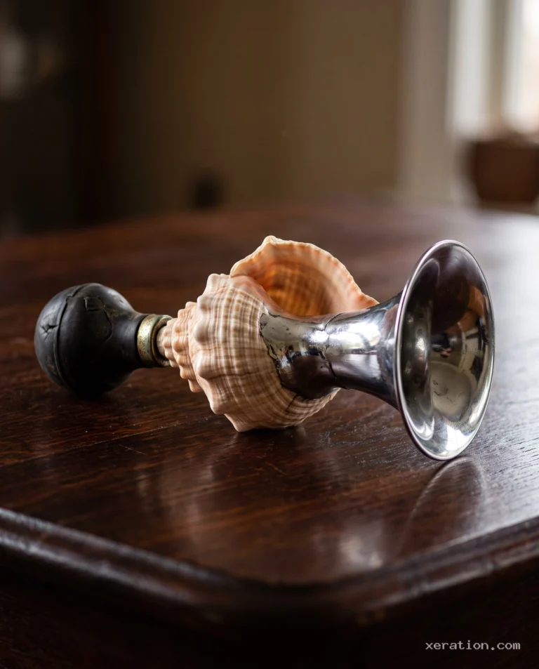 Ribbed conch shell merging into a polished chrome car horn flare on a dark mahogany table under directional light.